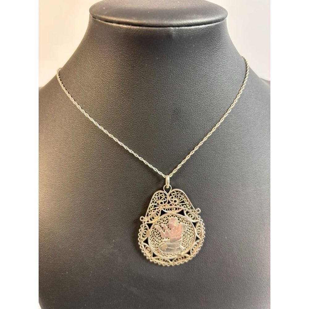 Vintage Pendant Necklace Silver Filigree With Intricate‎ Krishna Motif Boho
